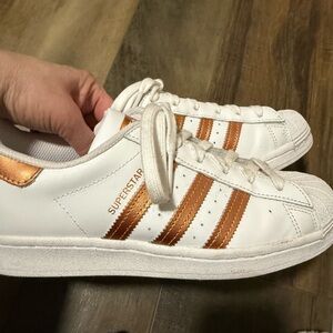 Adidas White Sneakers with Metallic Copper Stripes - Like New